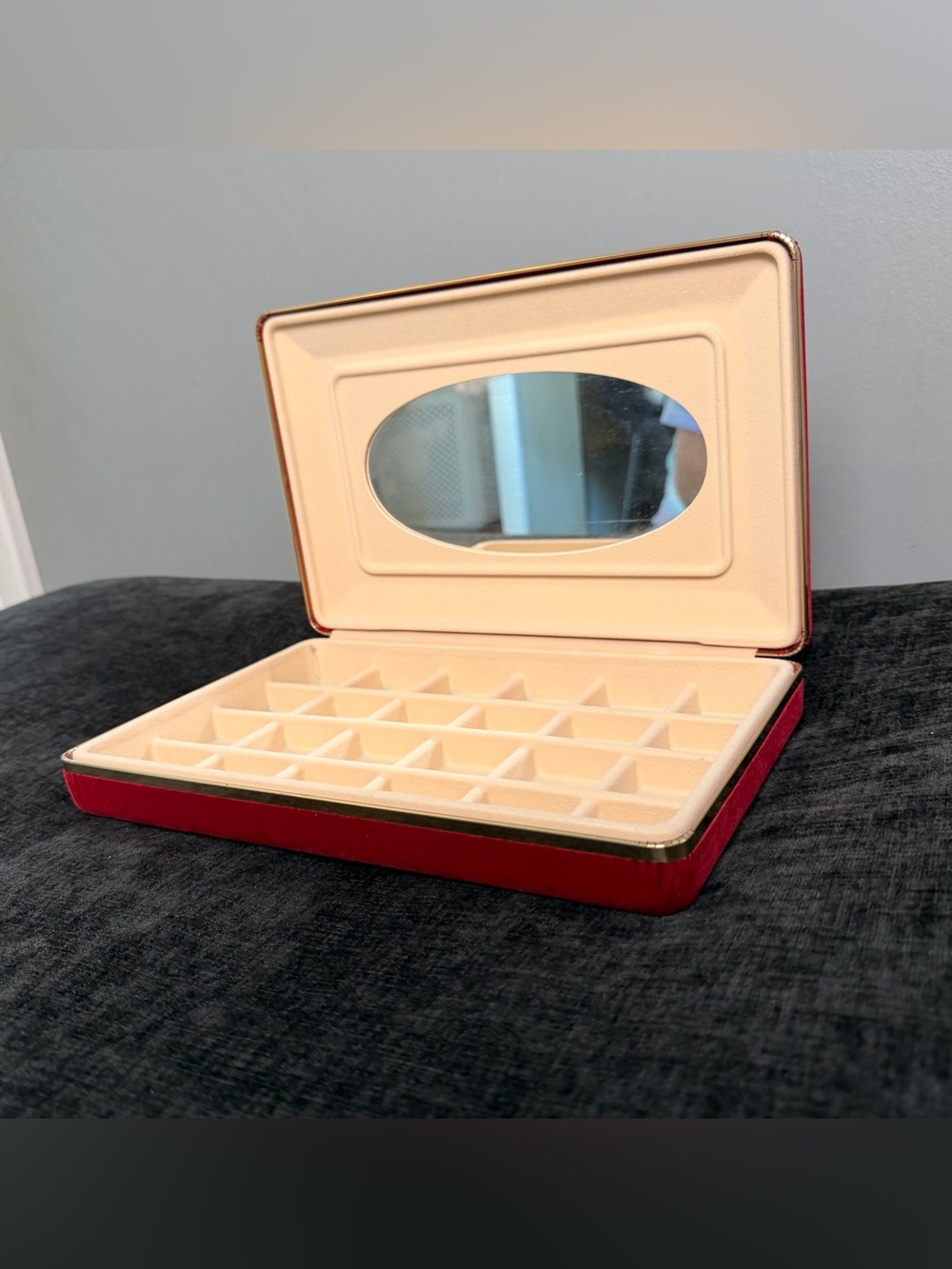 Vintage Red Velvet Jewelry Box Organizer Travel Display Case Mirror Gold Trim